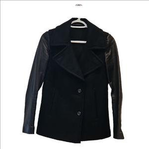 All Saints RN 128793 ISHBA Pea Coat Black Wool Leather Jacket Womens 2